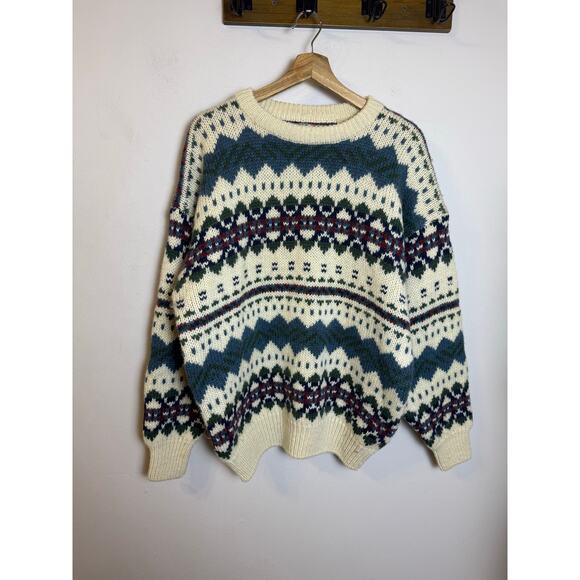 Vintage TT&CO Blue Green Red 100% Wool Knit Sweater L - Picture 1 of 6